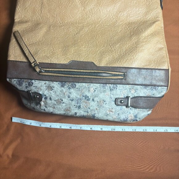 Neutral Tan Brown Blue Floral Tote Bag with Pockets and Zip Close 14x15in - Picture 8 of 8